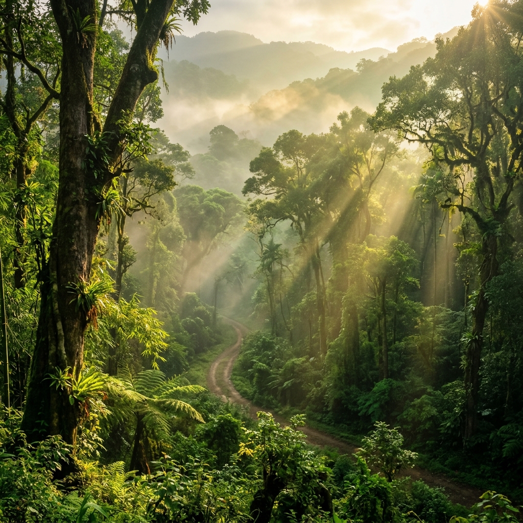 Lush South Indian forest morning with sunlight filtering through native trees